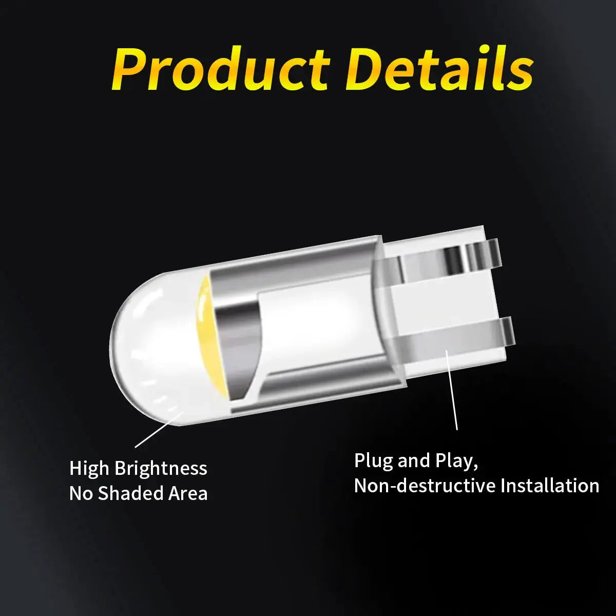 LED W5W/T10 car bulb set for automotive reading and turn signals; white lens, metallic housing; plug-and-play