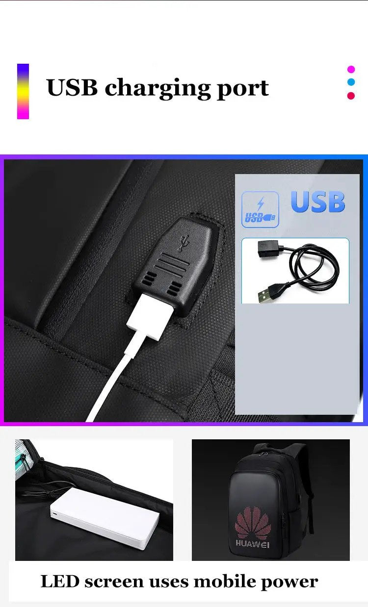 LED Display backpack, black Simples Market 15.6-inch laptop backpack with USB charging port and Huawei logo on front