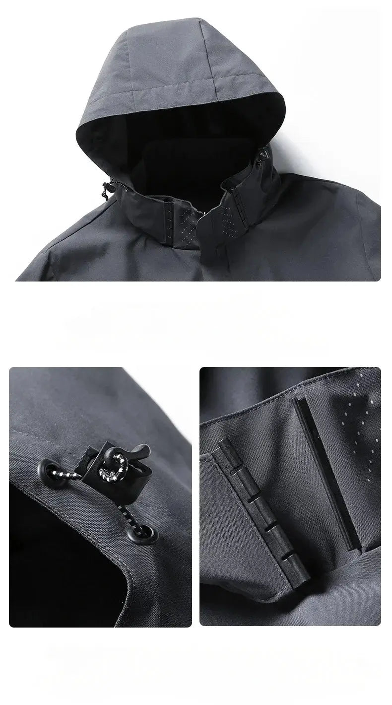 Simples Market men's waterproof hooded rain jacket in charcoal gray, lightweight windproof outer shell