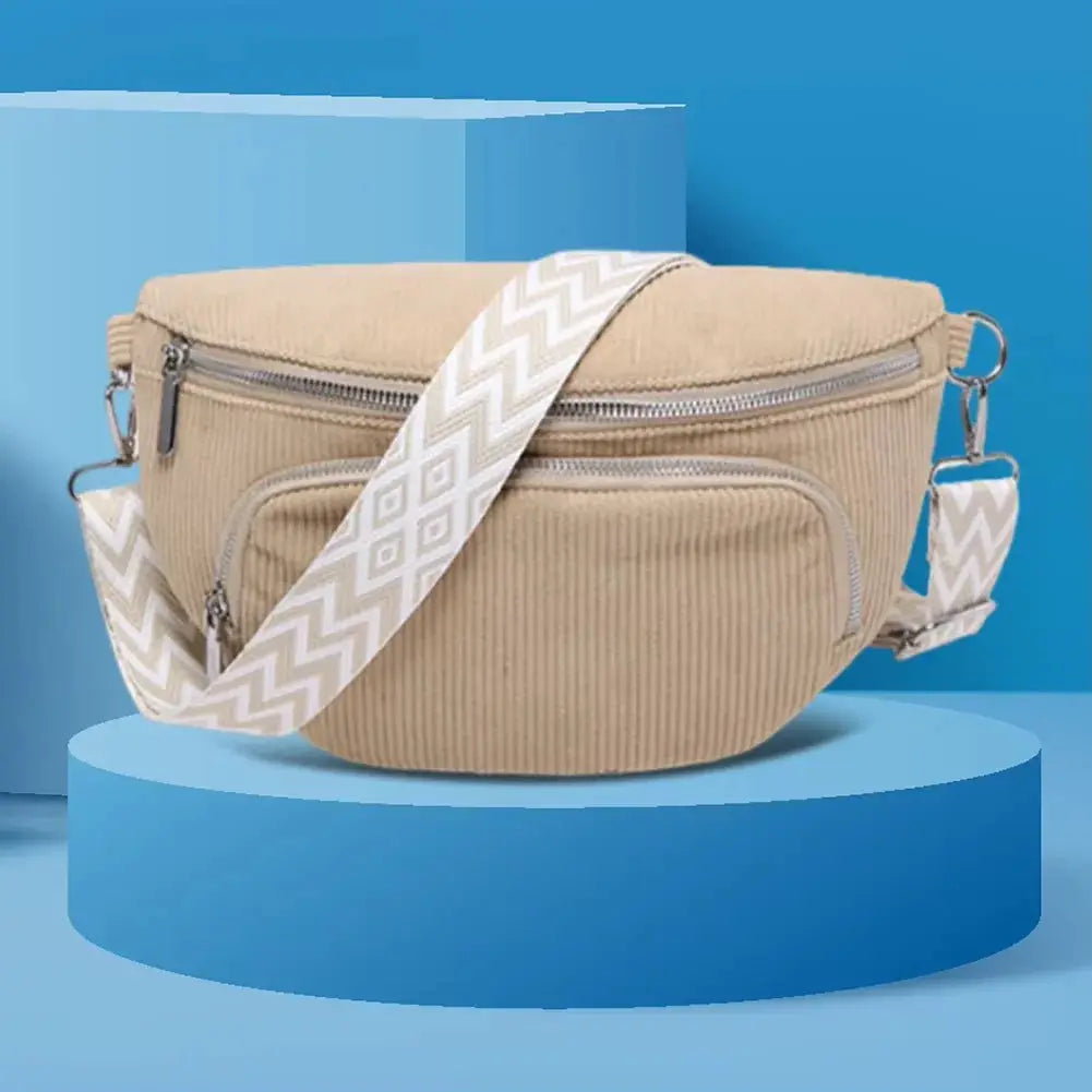 Corduroy chest bag fanny pack beige with white zigzag strap and multiple pockets