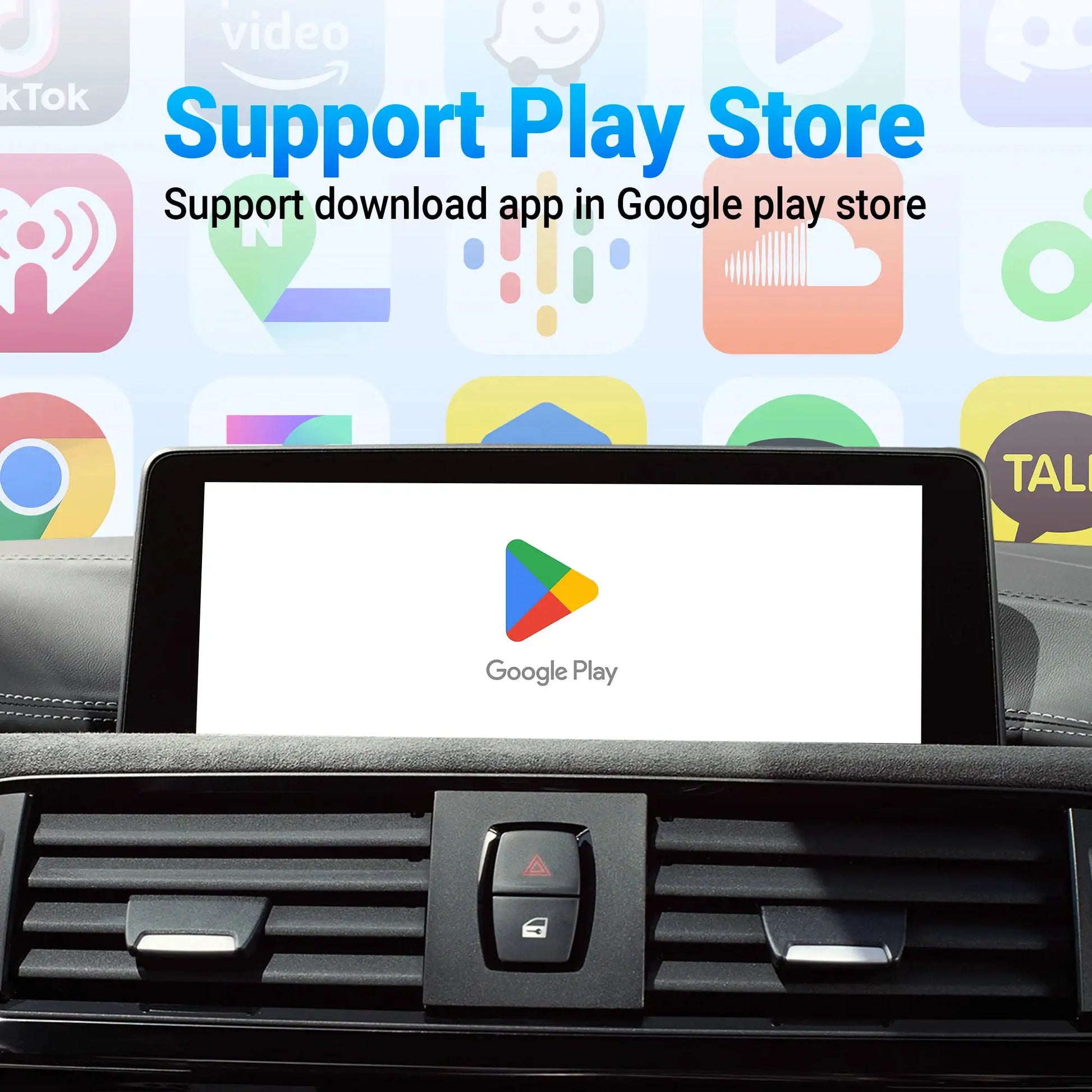 OTTOCAST P3 OttoAibox CarPlay AI Box in a car dashboard; black device with Google Play logo on screen