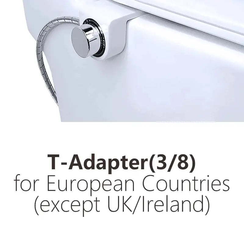 Simples Market small bidet toilet seat attachment with dual nozzles and chrome hose on white toilet.