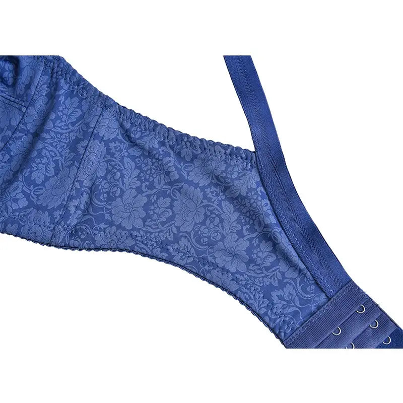 Blue floral satin bra with DEF cup, adjustable straps and back hook closure
