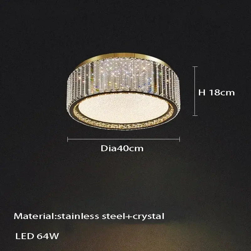 Light Luxury Crystal Ceiling Lamp by Simples Market, stainless steel + crystal, gold, 40 cm dia, 18 cm high, LED 64W.