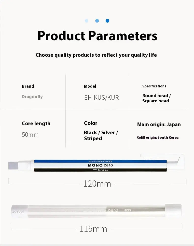Two eraser pens: Tombow Mono Zero precision eraser with blue-silver metal tip and a translucent refillable eraser pen.
