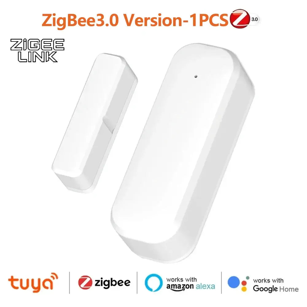 Two white ZigBee door/window contact sensors with magnet pair for smart home security; works with Tuya and Google Home