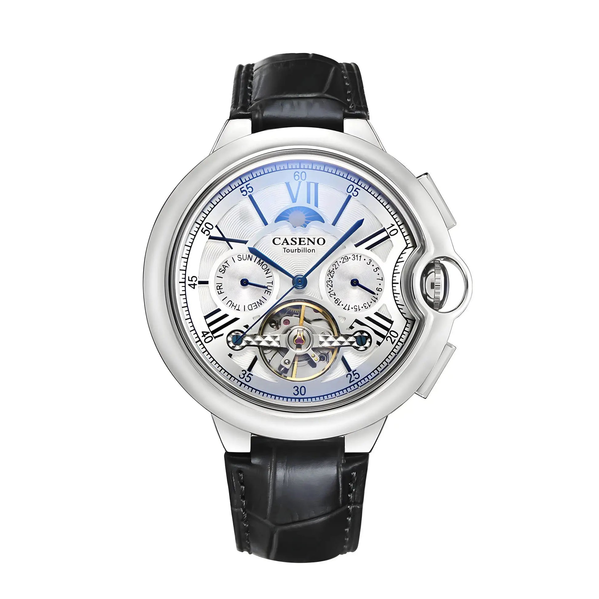 Caseno Star Roman Grand men's automatic tourbillon watch with blue hands, silver case, black leather strap