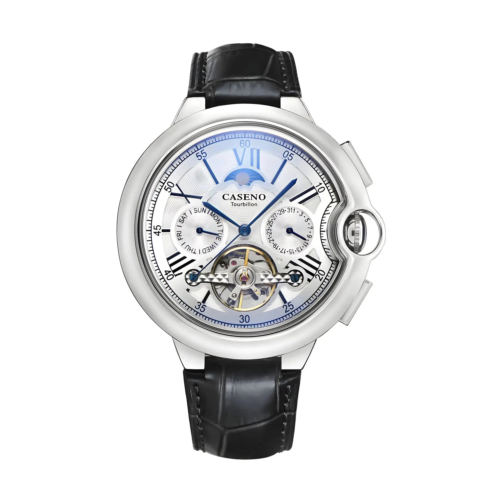 Caseno Star Roman Grand men's automatic tourbillon watch with blue hands, silver case, black leather strap