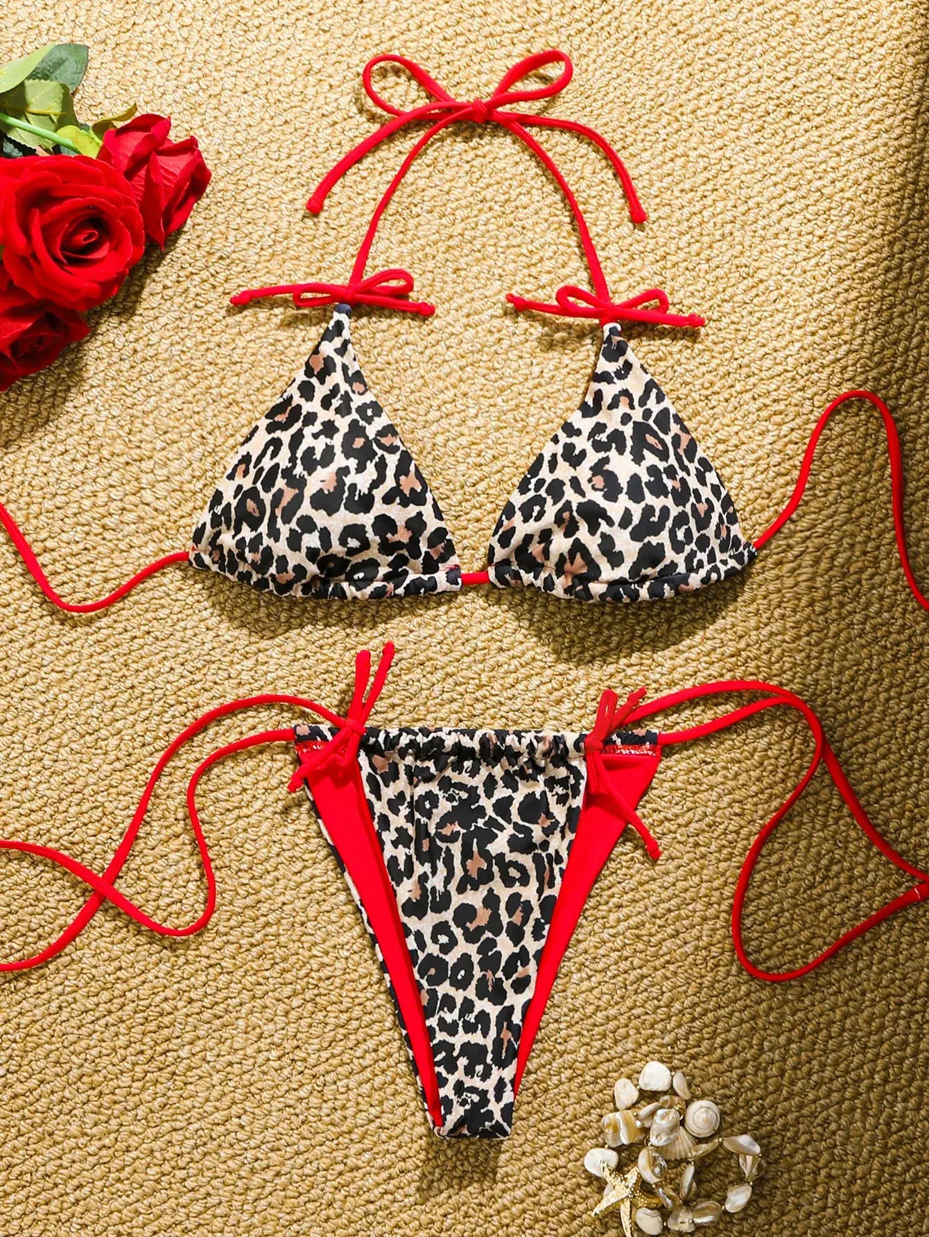 Simples Market leopard-print bikini set with red string ties; triangle top and high-cut bottom (two-piece swimsuit)