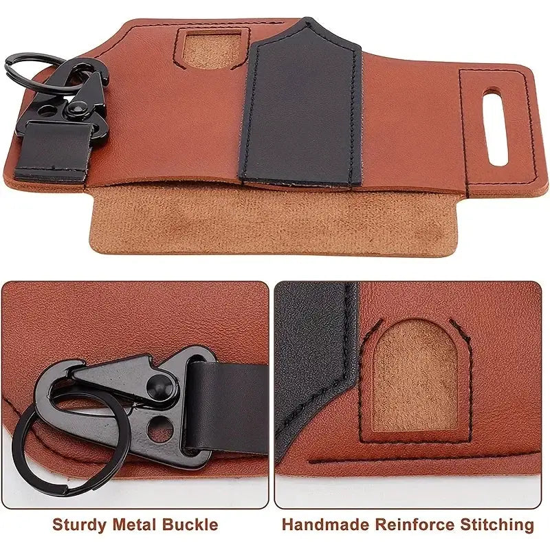 Tactical leather tool belt pouch by Simples Market, brown PU leather with sturdy metal buckle and keyring