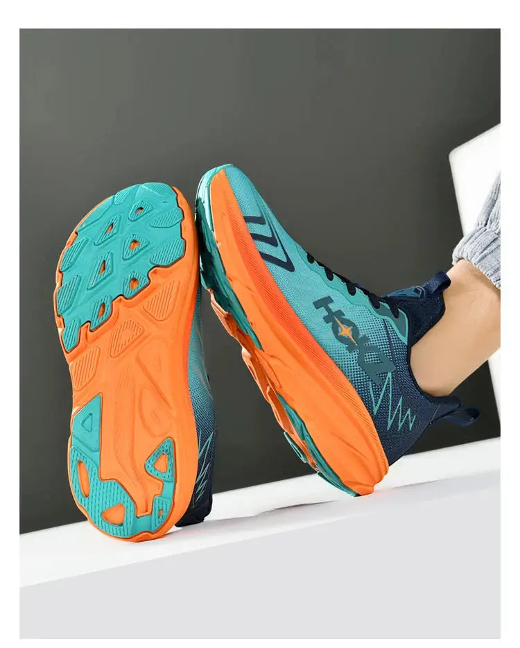Simples Market men's teal running shoes with orange outsole, breathable mesh pair