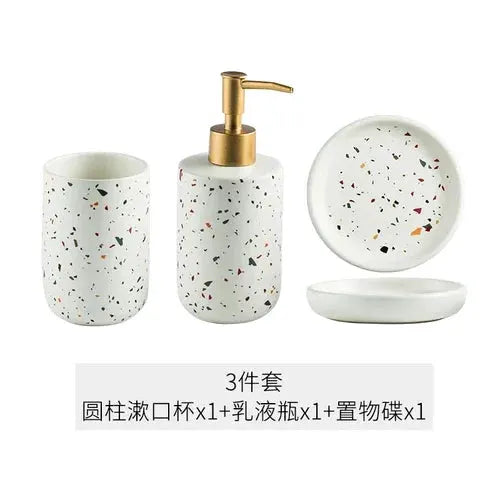 Simples Market terrazzo ceramic bathroom set, 3-piece with emulsion bottle (gold pump), speckled tumbler, and soap dish.