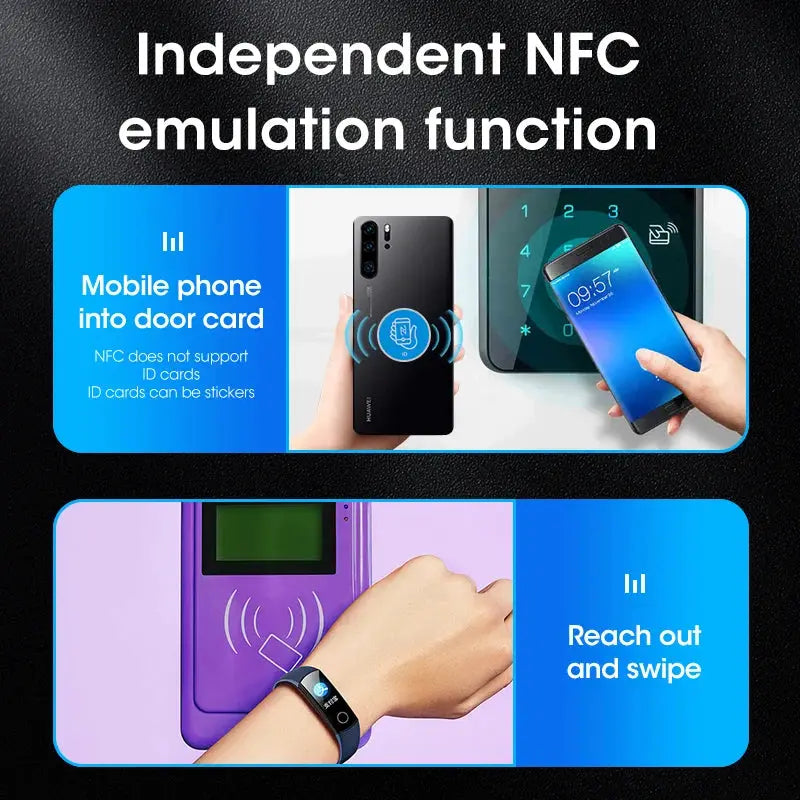 NFC card reader writer device; purple door-access reader shown with a wearable wristband in a marketing banner