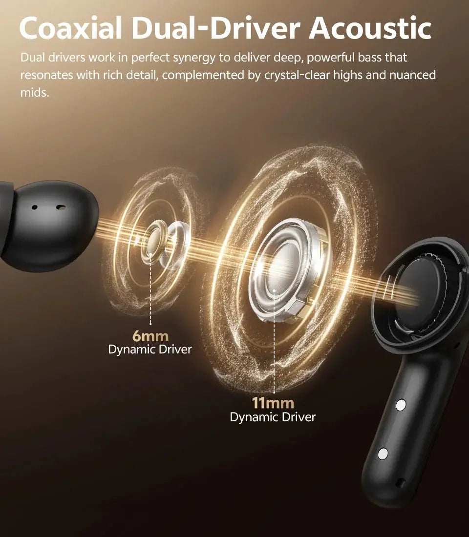 QCY MeloBuds N60 HT19 wireless earphones, Simples Market, black with coaxial dual-driver system (6mm & 11mm).