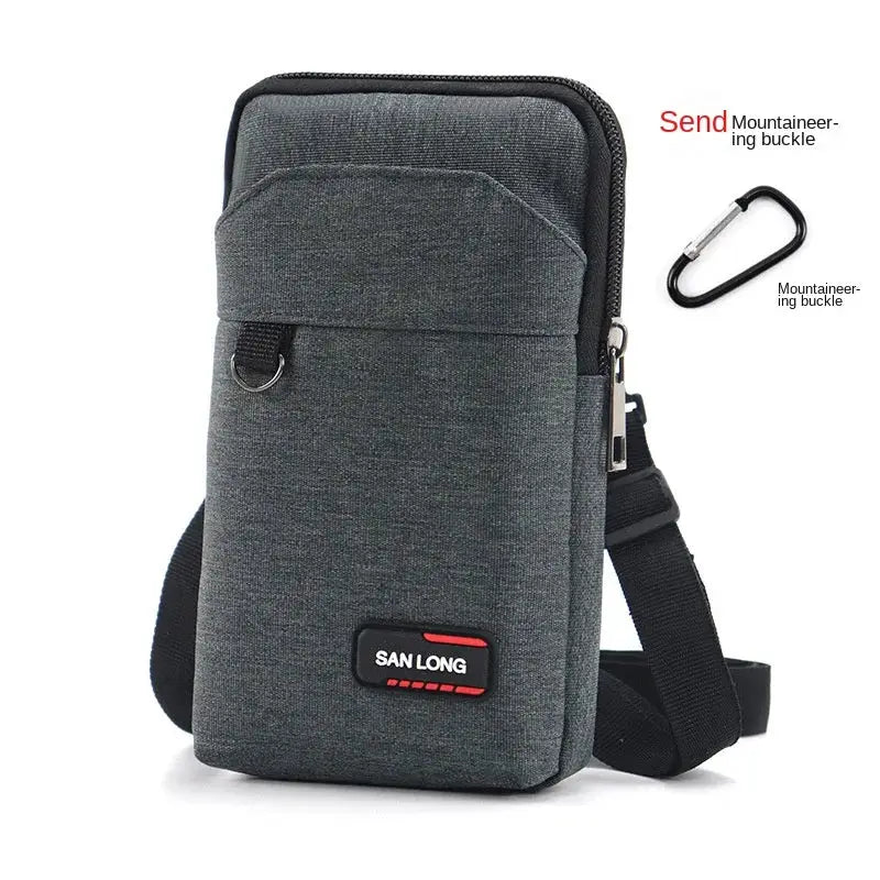 San Long waterproof waist pack crossbody bag, grey fabric with carabiner and adjustable strap