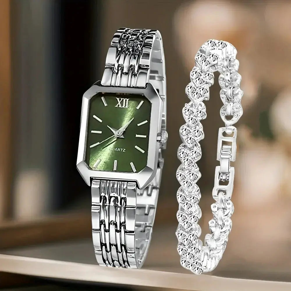 Rectangular women's quartz watch with green dial and silver band; matching rhinestone bracelet, 2-piece set