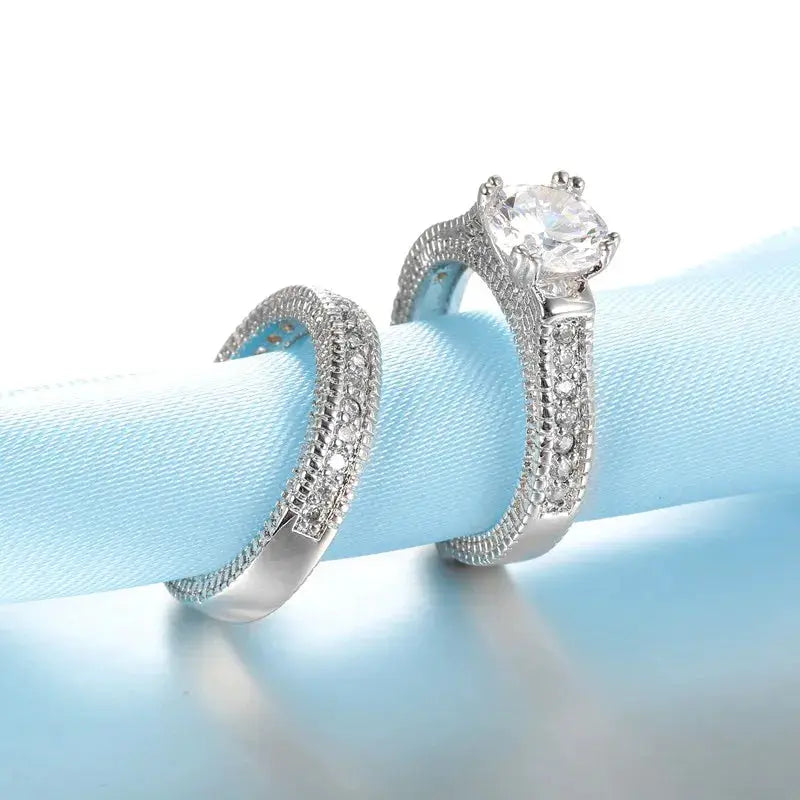 925 Sterling Silver Couples Ring Set for Engagement and Wedding with Cubic Zirconia Stones