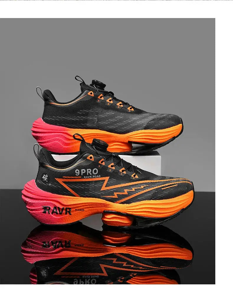 Men's running shoes in black and orange with bright orange midsole, 9PRO and RAVR ROAD branding, two shoes