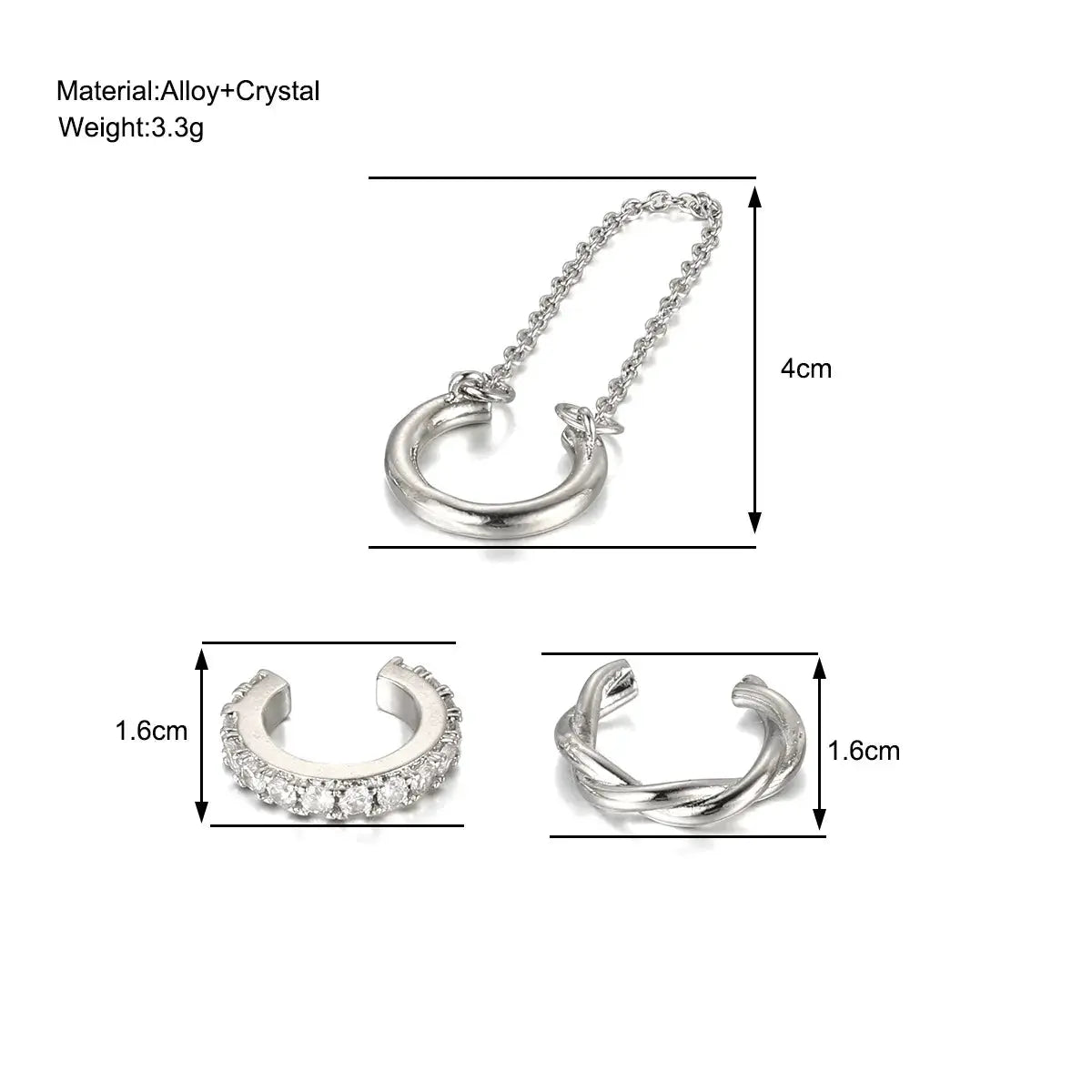 3-piece silver crystal ear cuff set for women; non-piercing cartilage clip earrings