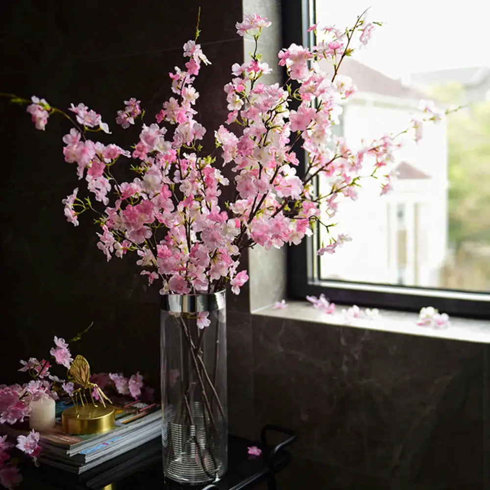 4 Stem Cherry Blossom Long Branch Silk Artificial Flowers For Bedroom Decor White Sakura Wedding 1 Piece