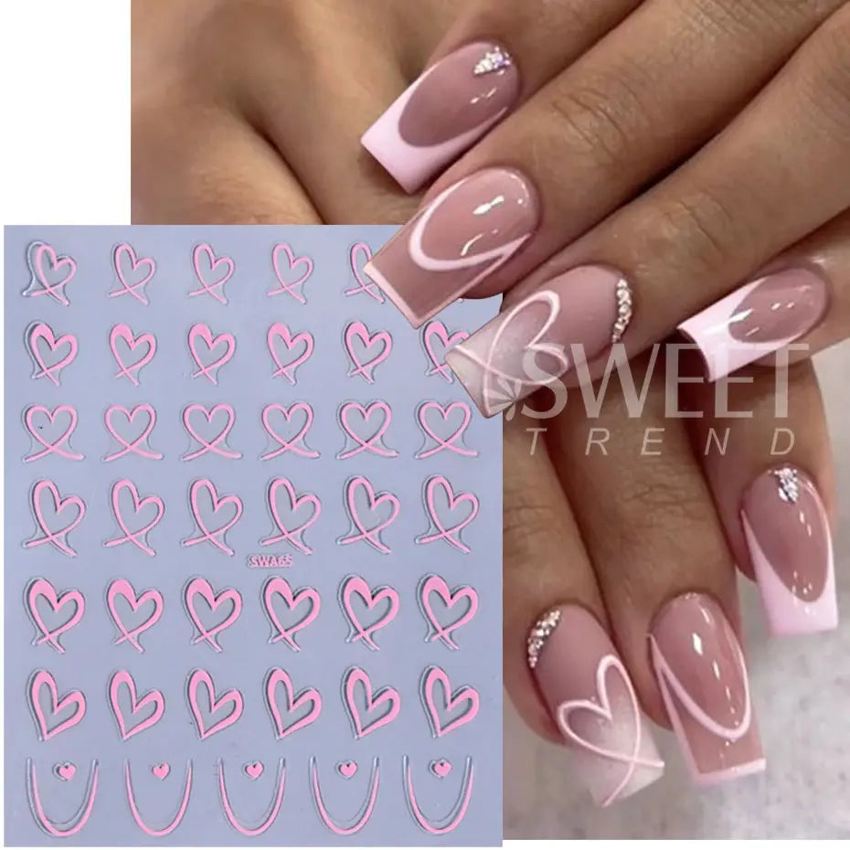 Nail art stickers by Simples Market, 3pc Valentine set with pink and white heart line decals
