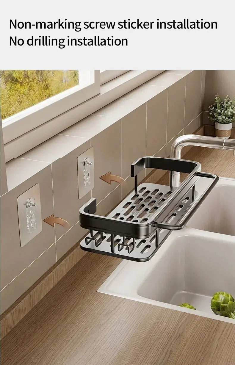 Multi-functional kitchen shelf drying rack mounted over the sink with no-drill wall mount in black metal
