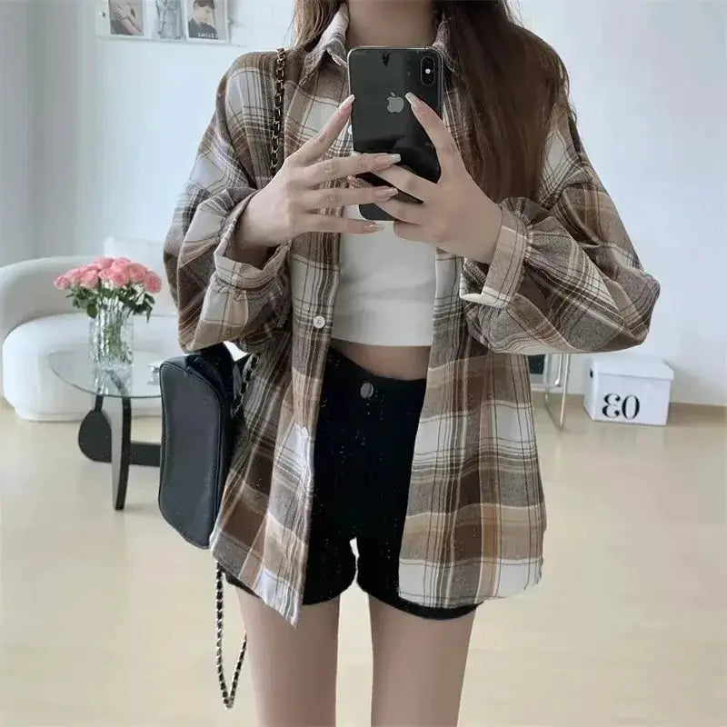 Simples Market plaid shirt for women, brown beige check, loose long-sleeve blouse worn open over white crop top.