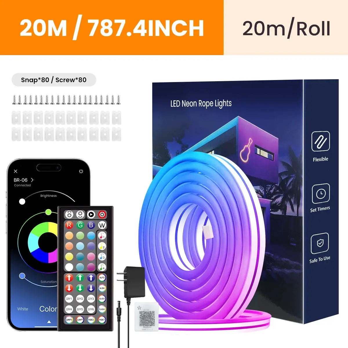 Neon LED Rope Lights by Simples Market, 20m RGB flexible rope light with 80 screws and 80 mounts, remote and app control