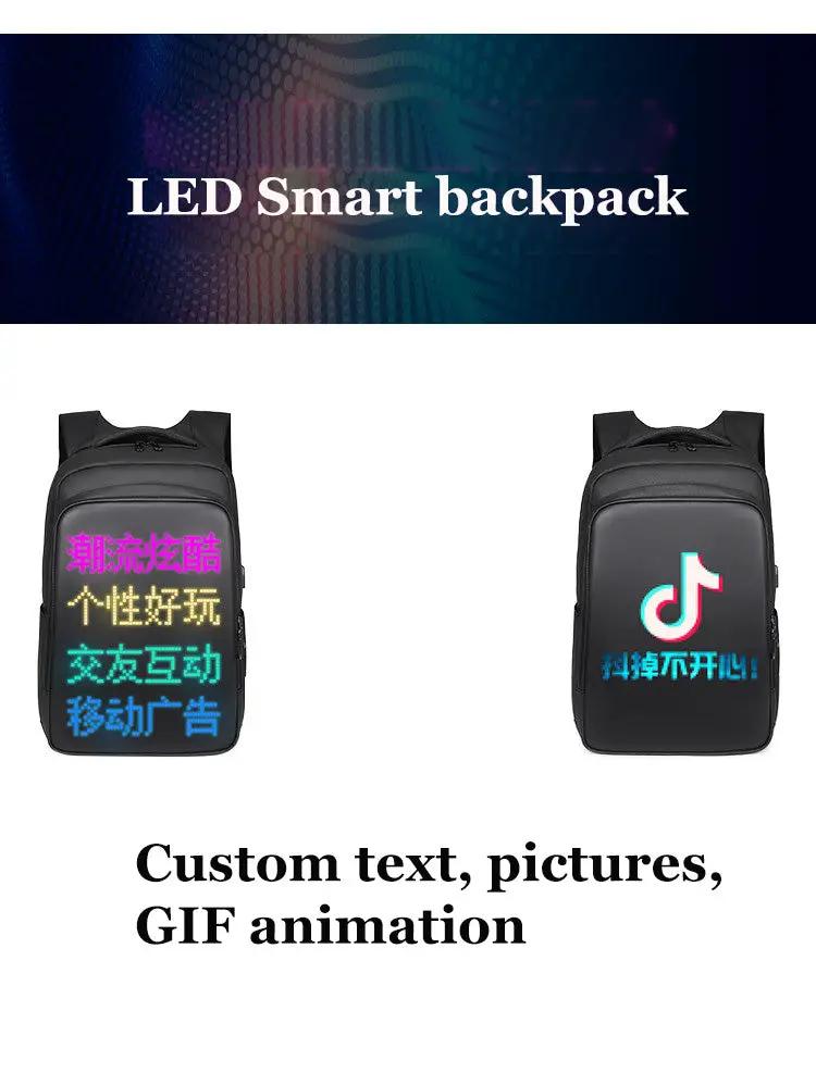 LED Display backpack by Simples Market; two black laptop backpacks with customizable LED text panels and TikTok logo.