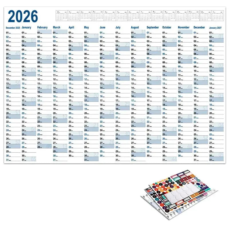 Simples Market 2026 yearly daily calendar wall planner with 365-day layout and sticker sheets