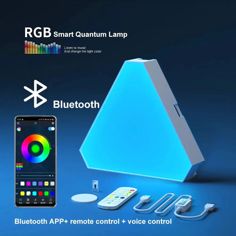 LED Triangular RGB Quantum Lamp by Simples Market with Bluetooth, remote control, blue glow