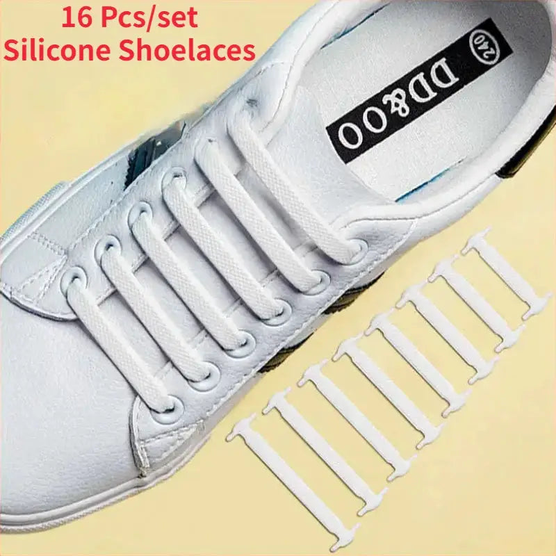 Elastic silicone shoelaces, 16-pack for sneakers, white no-tie design
