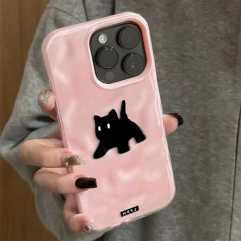 iPhone case pink fuzzy cat design; shockproof, candy-color wave pattern, Simples Market
