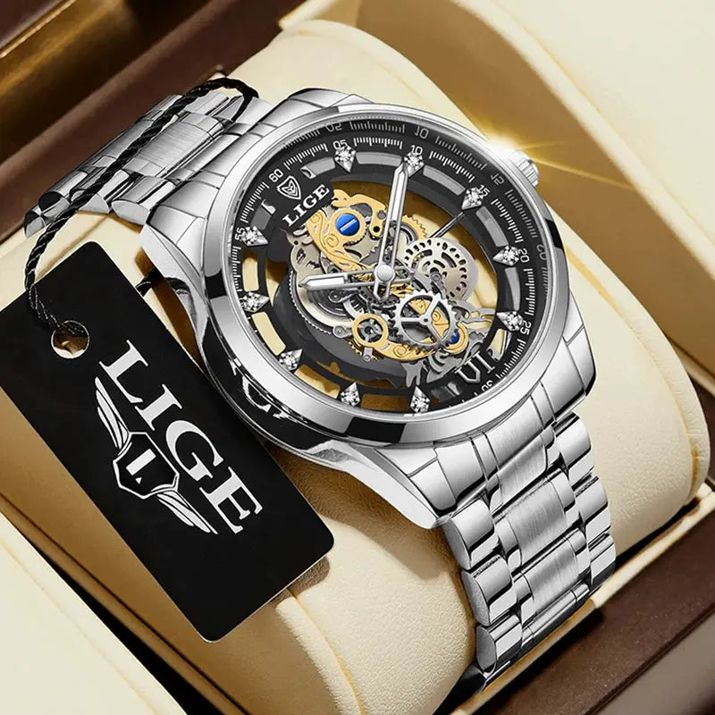 LIGE men's skeleton watch with silver stainless steel band, gold-tone gears, quartz movement
