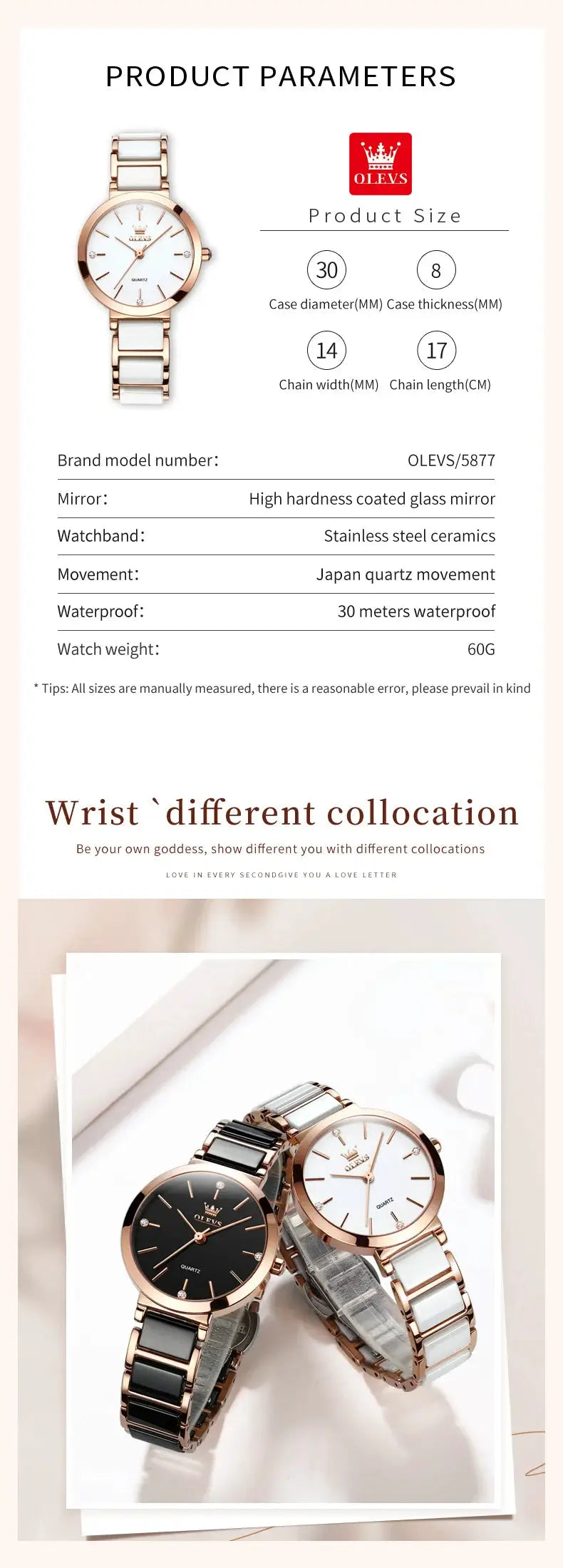 OLEVS women's watches set of 3 with rose-gold tone cases and white/black ceramic link straps