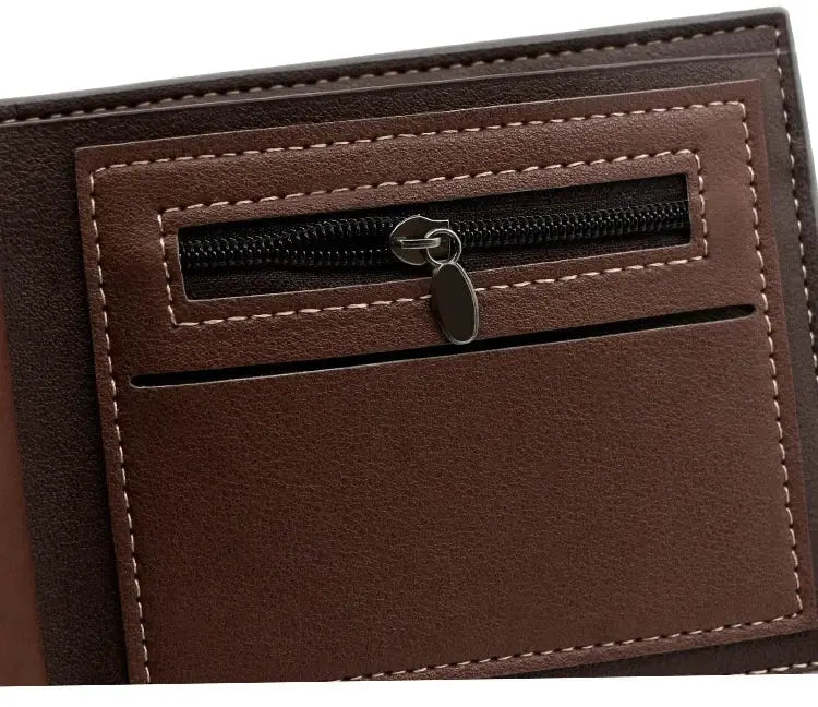 Slim men's wallet in brown PU leather with zip coin pocket and card slot