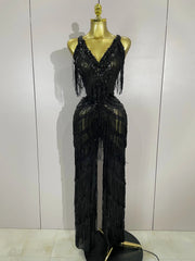 Jumpsuit by Simples Market, black rhinestone fringe with sequins and halter neckline