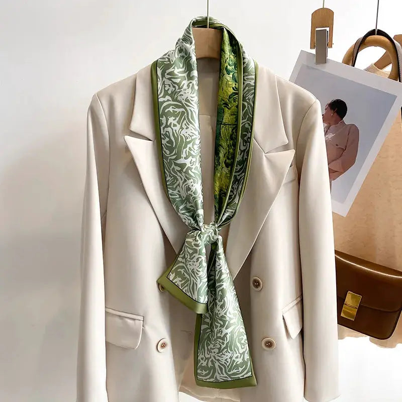 LuxeSilk Silk Feel Printed Design Scarf Versatile Long Narrow Silk Shawl For Fashionable Styles