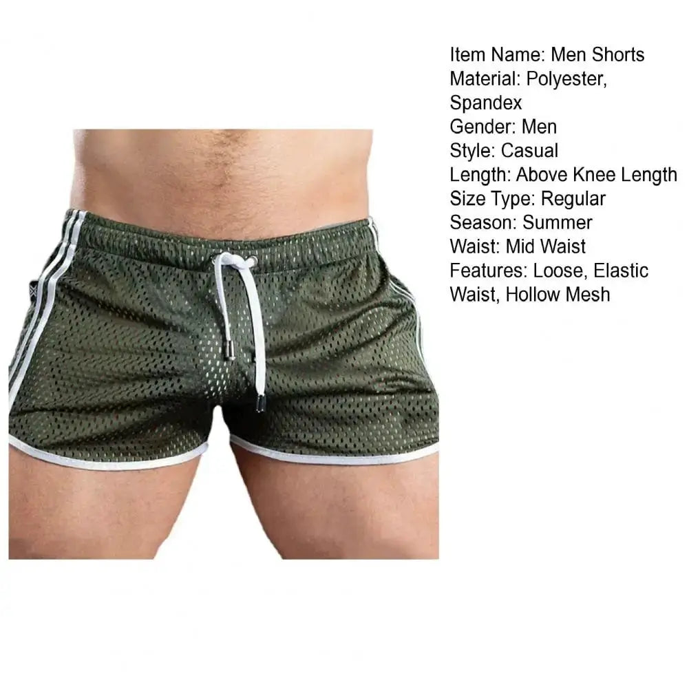 Summer men sport shorts by Simples Market; olive green hollow mesh, drawstring waist, quick-dry.