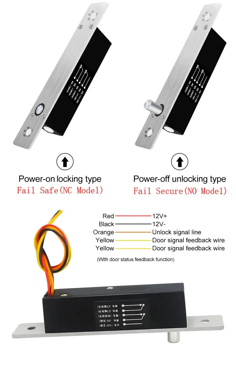 Electronic bolt lock for cabinets by Simples Market; NC/NO, 12V DC; two units shown; red/black/orange/yellow wires.