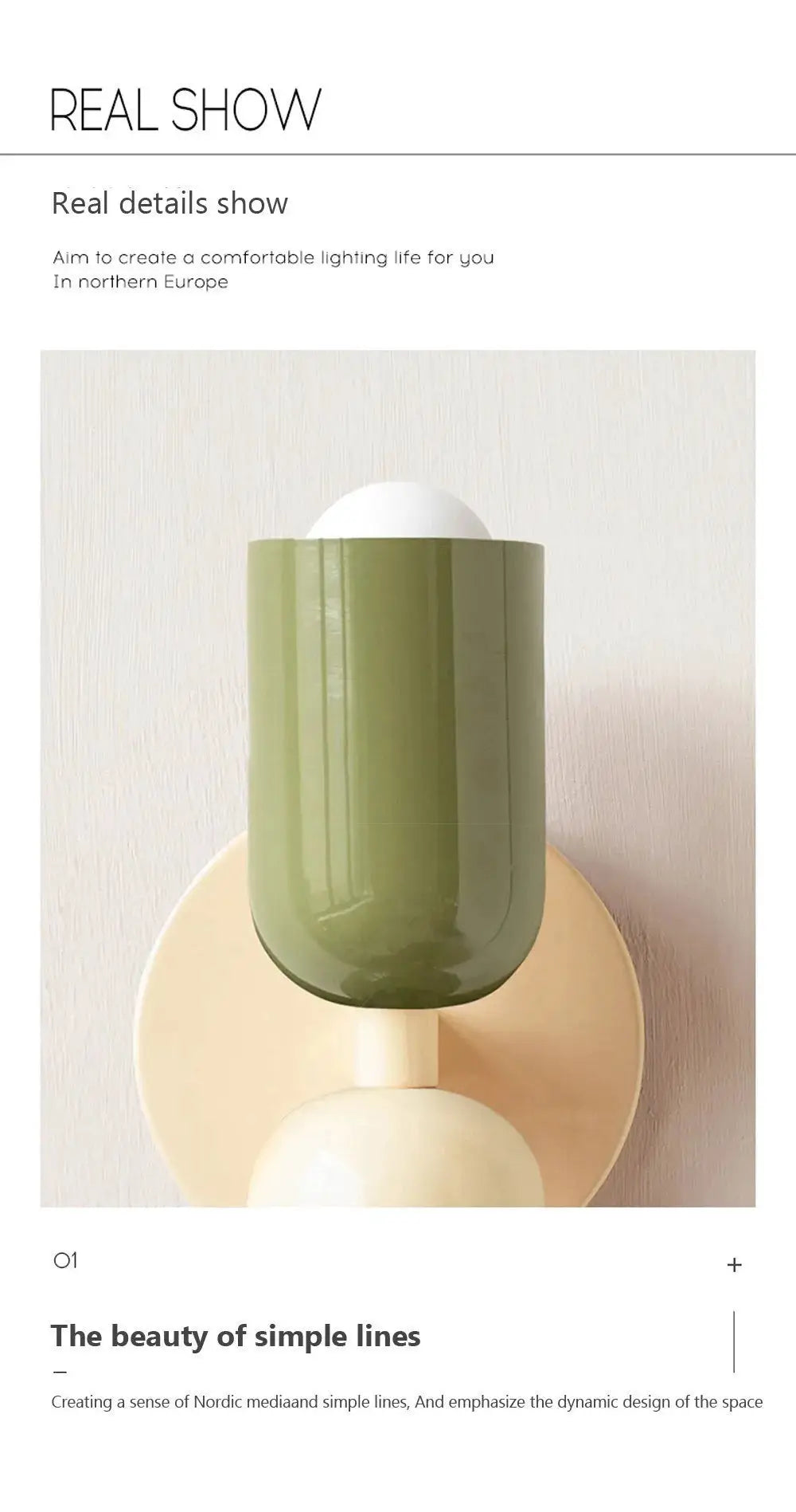 Nordic LED wall lamp by Simples Market featuring a cream circular backplate and an olive-green cylindrical shade