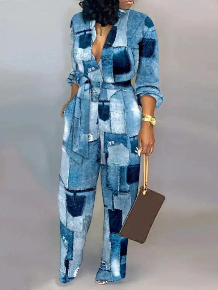 Patchwork denim jumpsuit for women with belted waist in blue wash, long sleeves, Simples Market