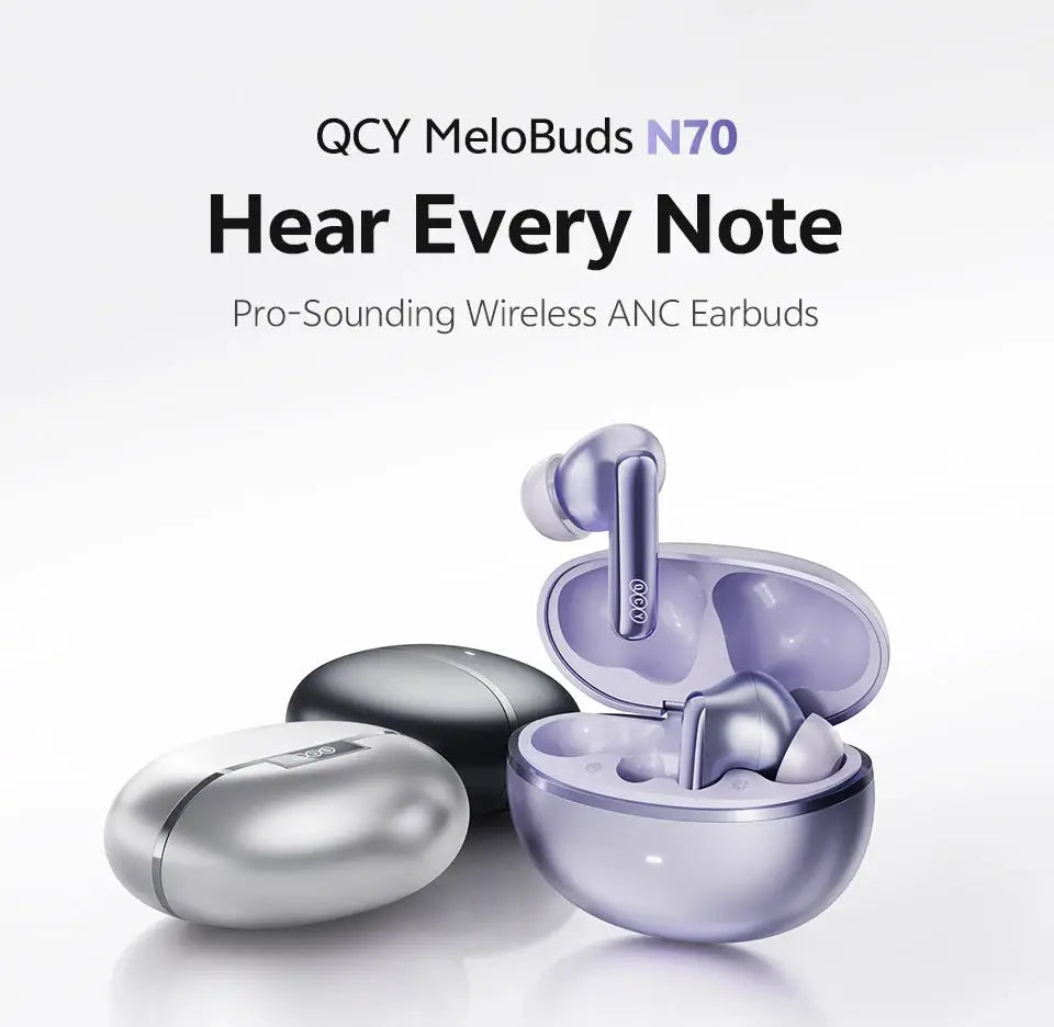 QCY MeloBuds N70 wireless earbuds with purple charging case; three cases in purple, silver and black visible nearby.