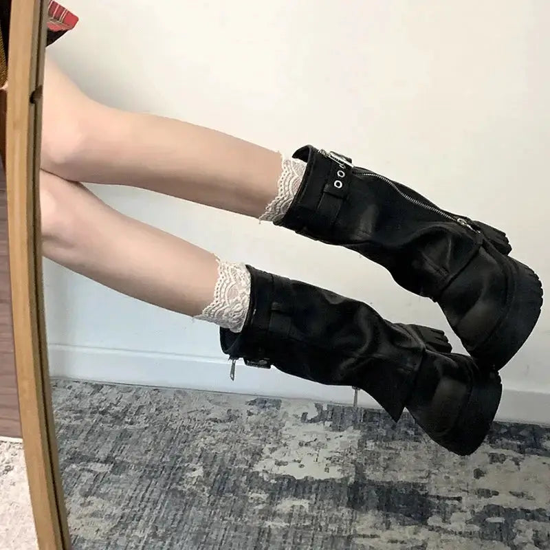 NovaPulse Winter Women Biker Boots With Belt Buckle And Platform Sole For Trendy Casual Style