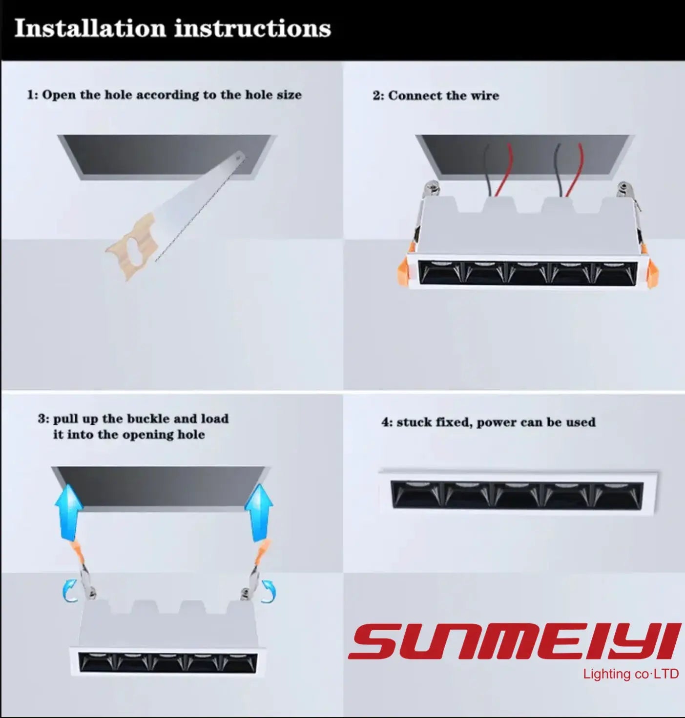 LED recessed rectangle downlight with grille, 10–30W, AC85–265V; installation steps with SUNMEIY logo.