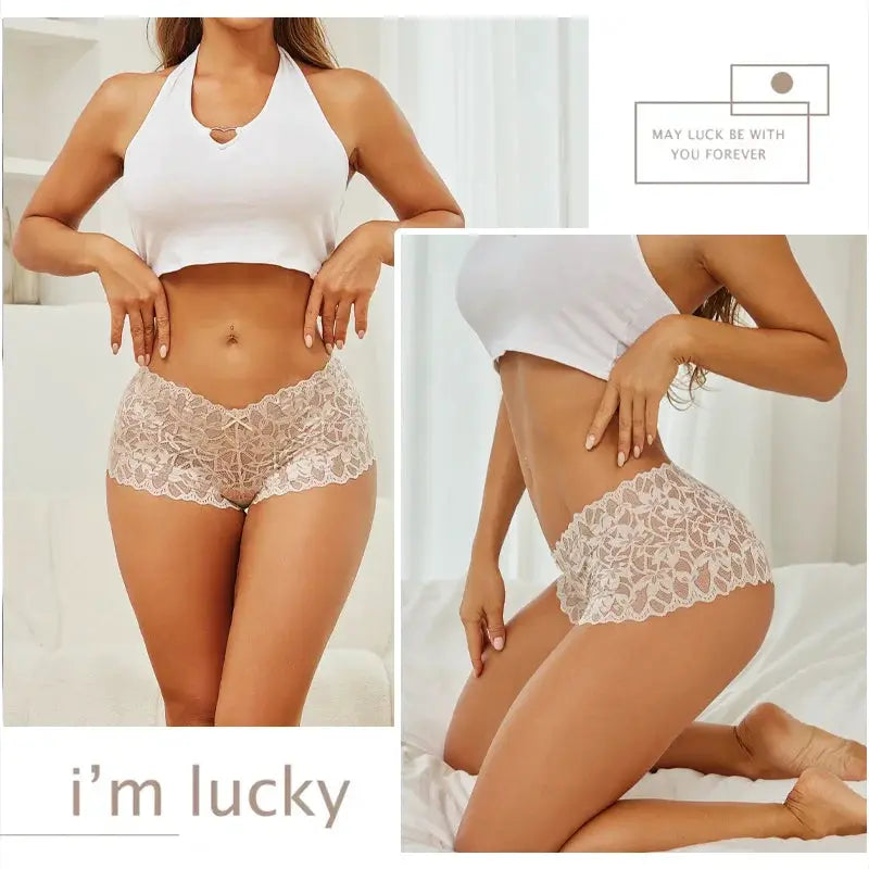 4-piece women's floral lace panties set by Simples Market, nude color, V-waist, breathable.