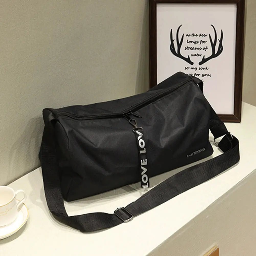 Sport gym bag, black waterproof, large capacity with separate shoe pouch and adjustable shoulder strap.