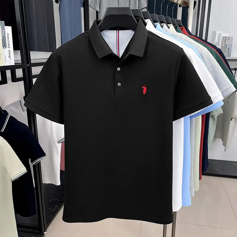 Men's short-sleeved polo shirt by Simples Market, black 100% cotton with red pony embroidery