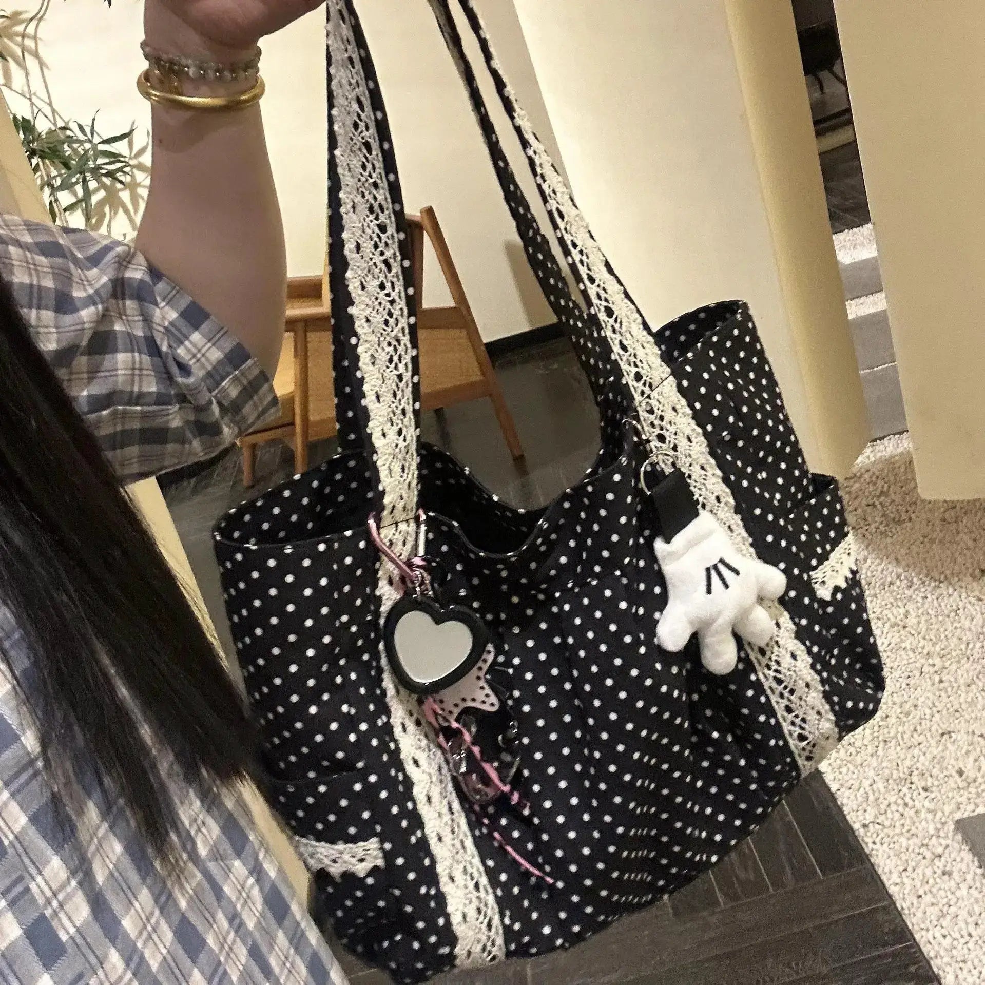 Korean vintage canvas shoulder bag; black with white lace trim and polka dots, large-capacity tote with long straps.