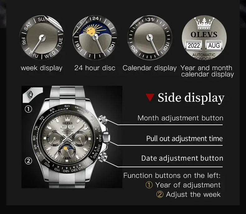 OLEVS men's stainless steel automatic watch with luminous dial, waterproof, date and calendar displays